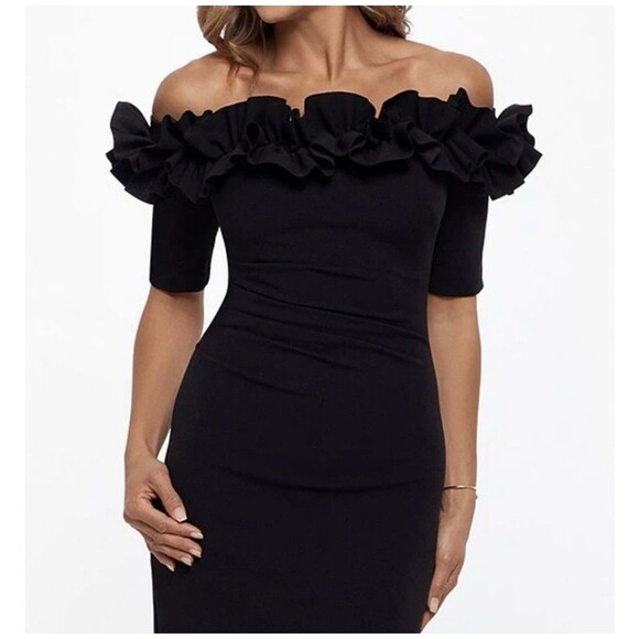Xscape Brynleigh Dress Off The Shoulder Scuba Ruffle Black Party Plus Size 18W - Picture 6 of 13